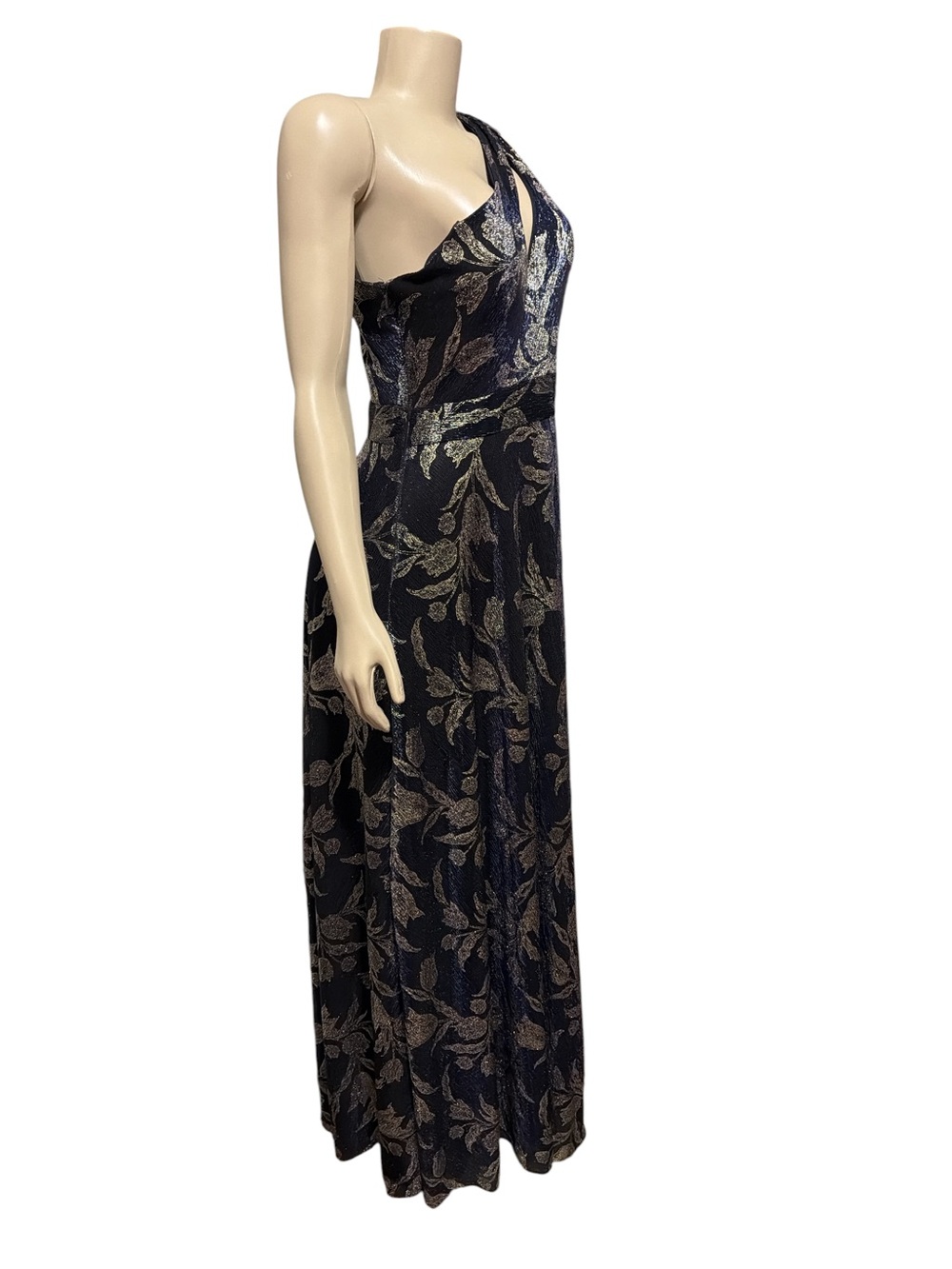 NWT Betsy & Adam Sz 6 Navy Gold Metallic Floral One-Shoulder Evening Gown $278 - Picture 3 of 9